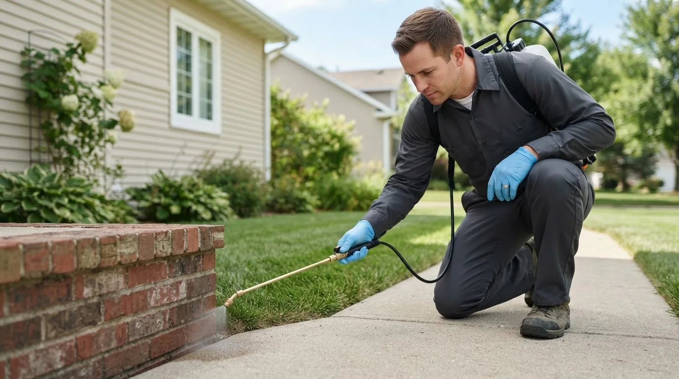 Pest control technician treating a home near Hanna, OK