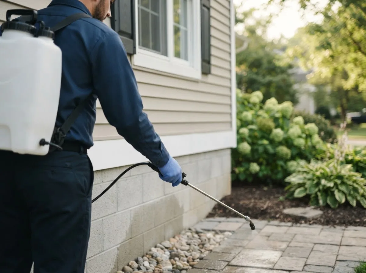 Pest control technician inspecting a home in Hanna, OK